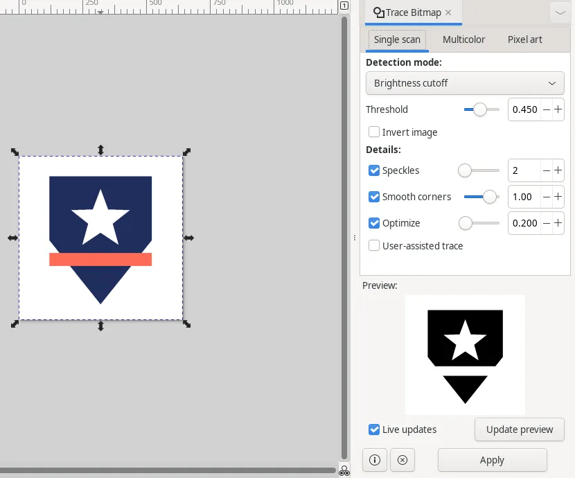 Trace Bitmap on Single scan: the preview shows a black shield and star, and the coral band is missing