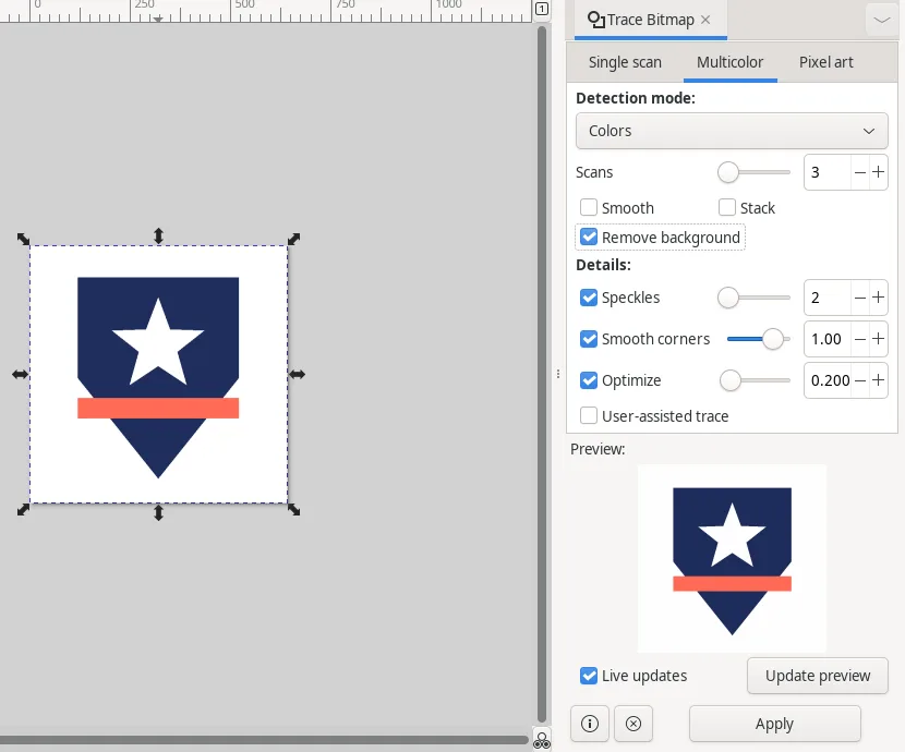 Trace Bitmap on Multicolor, Colors mode, 3 scans, Remove background ticked; the preview shows navy, white star and coral band