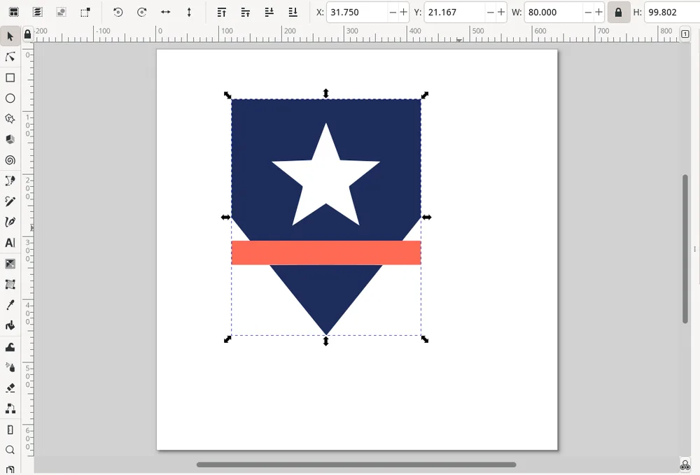 The traced shield selected in Inkscape, with the toolbar showing W 80.000 and H 99.802 in mm and the lock on