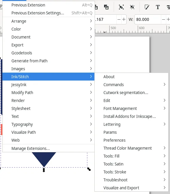 Inkscape's Extensions menu open on Ink/Stitch, with Params in the submenu