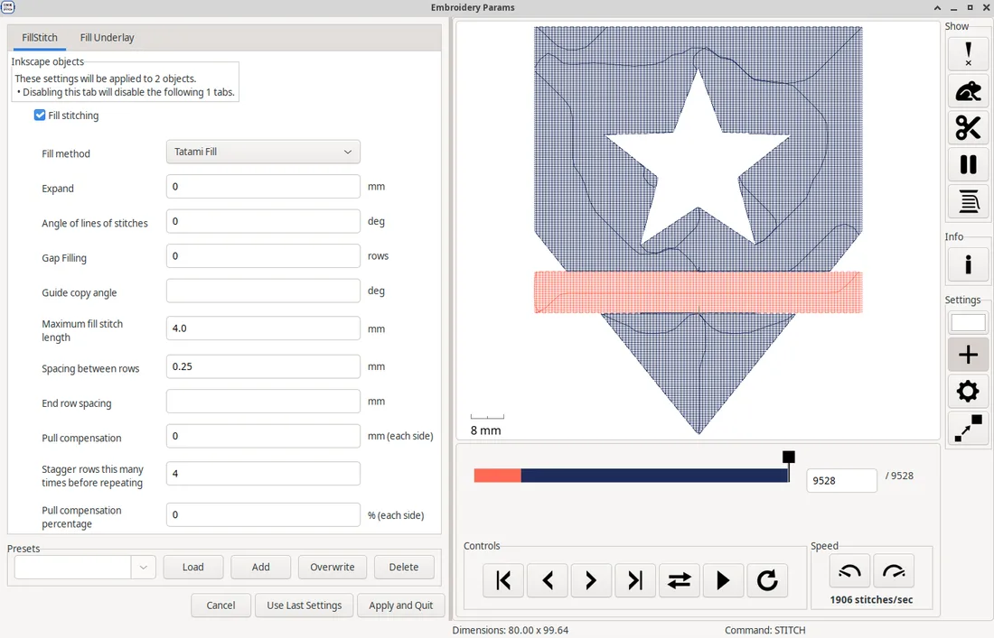 Ink/Stitch Embroidery Params: Tatami Fill settings on the left, a stitch simulation of the shield on the right, 9528 stitches