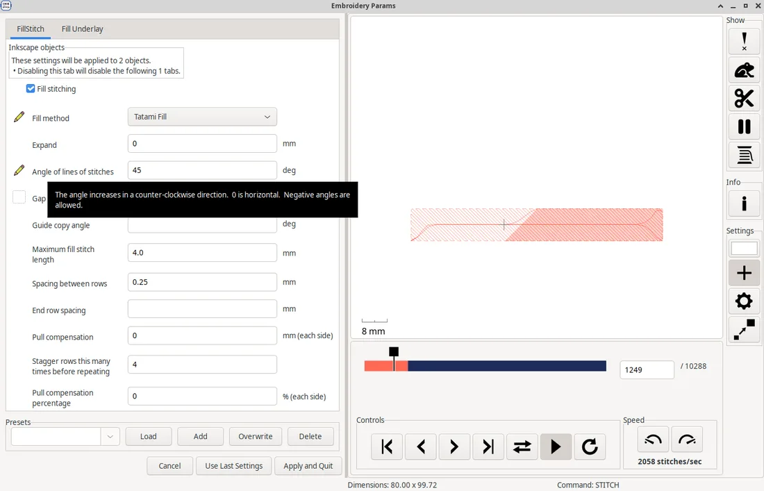 Ink/Stitch Params with Angle of lines of stitches set to 45, its tooltip, and the simulation part-way through the coral band