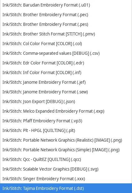 The file type list in Inkscape's Save a Copy dialog, with Ink/Stitch: Tajima Embroidery Format (.dst) selected