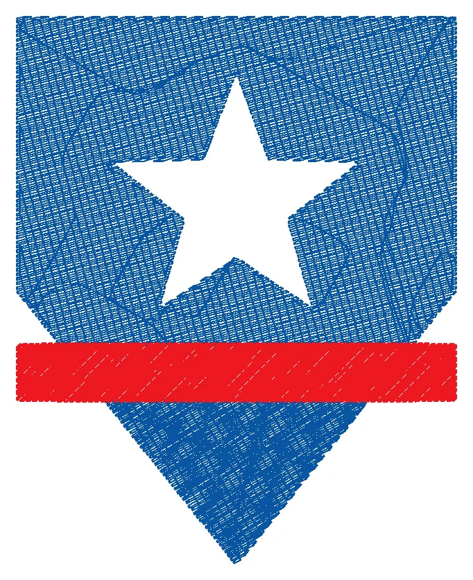 BobbinBot's stitch preview of the same shield: blue fill, white star, red band