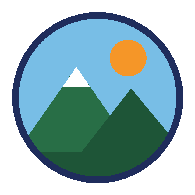 A round drawing of green mountains with snow caps under an orange sun