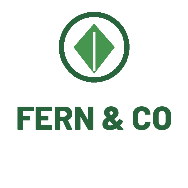 A made-up shop logo: a green leaf in a ring above the words FERN & CO