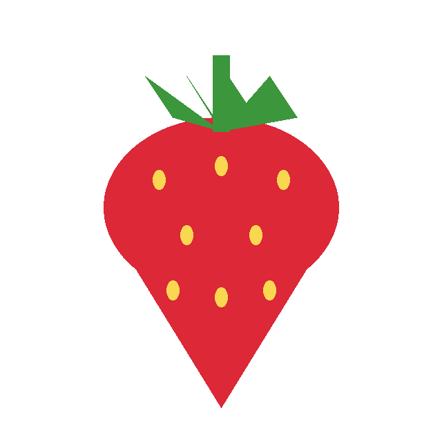 A red strawberry with yellow seeds and green leaves, as a PNG